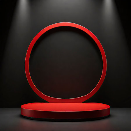 Red round podium on black background. Award ceremony concept. 3d renderの素材