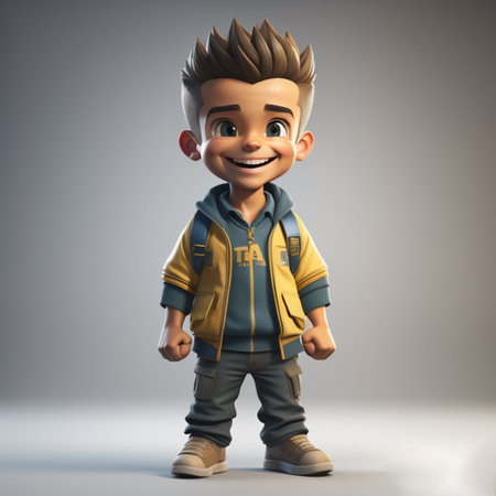 3D illustration of a cute little boy standing on gray background.の素材