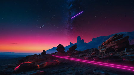 A view of the mountains and the Milky Way in the night.の素材