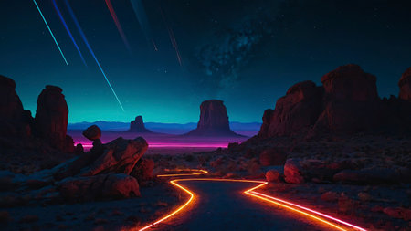 Fantasy alien planet. Mountain landscape. 3D rendering. Neon lightsの素材