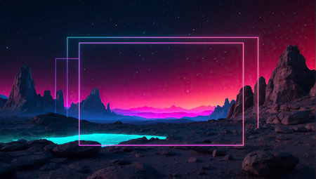 Fantasy landscape with mountains, lake and frame. 3d renderingの素材