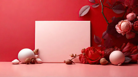 Blank card with flowers on red background. Mockup for designの素材