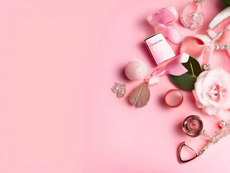 Feminine accessories on pink background. Flat lay, top view.の素材
