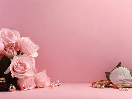 Beautiful pink roses and jewelry on pink background, space for textの素材