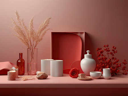 3d render of a pink interior with a red wall and a lot of decorative elementsの素材