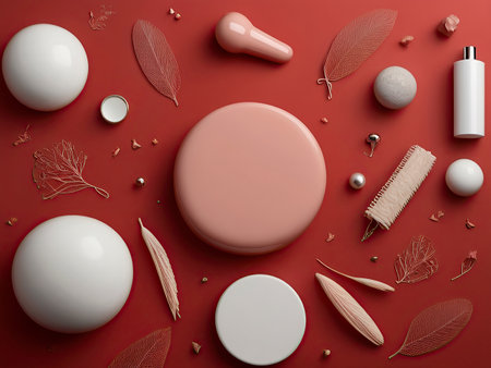 3d render, abstract composition with cosmetic products and leaves on a red backgroundの素材