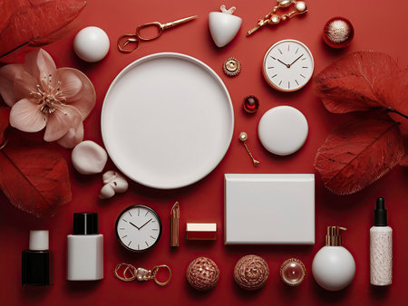 Womens accessories on a red background. Flat lay, top view.の素材