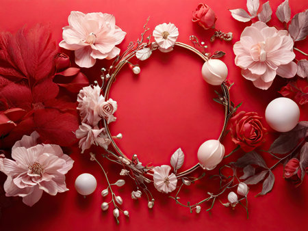 Wreath of beautiful flowers on red background. Flat lay, top viewの素材