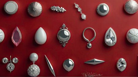 Jewelry and accessories on red background. 3D rendering.の素材