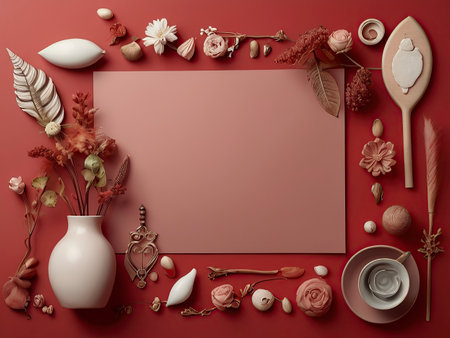 Blank paper with decoration on red background. 3d rendering.の素材