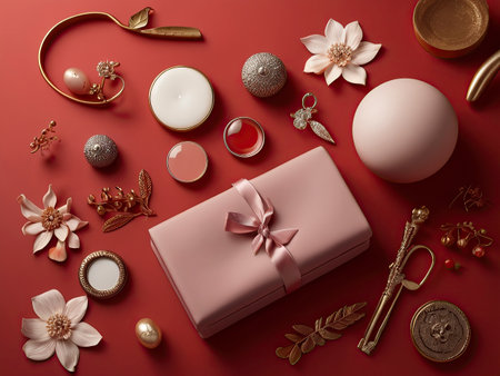 Flat lay of christmas ornaments on red background.の素材
