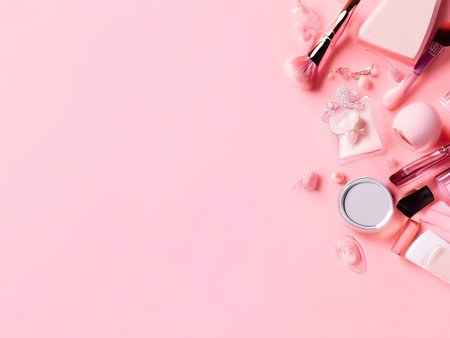 Set of decorative cosmetics on pink background. Top view, flat layの素材