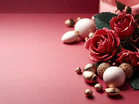 Easter eggs and red roses on a pink background. Copy space.の素材