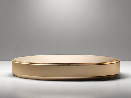 3d render of golden podium on grey background. Product presentation.の素材