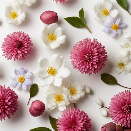 Beautiful flowers on white background, top view. Floral patternの写真素材