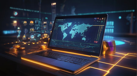 Laptop with glowing digital world map on screen. 3d renderingの素材