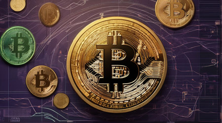 Bitcoin. Cryptocurrency. Golden coins on a dark background.の素材