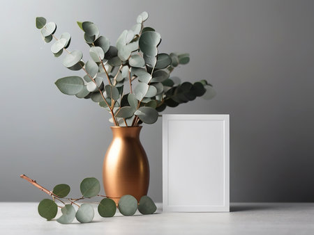 Blank frame with eucalyptus branches in vase on grey backgroundの写真素材
