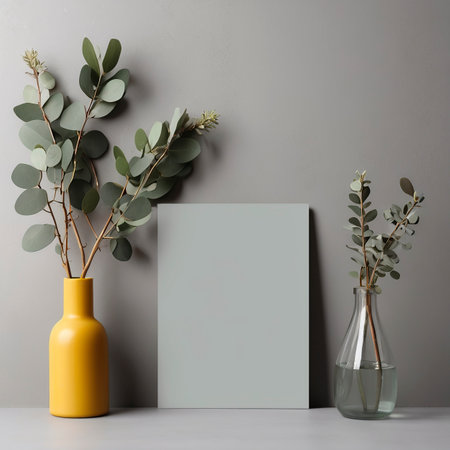 Mock up poster frame with eucalyptus branches in vase. 3d renderの写真素材