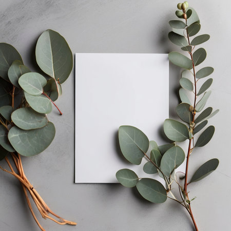 Eucalyptus leaves and blank card on grey background, flat layの写真素材