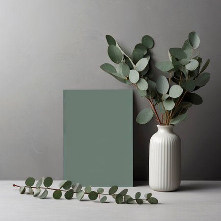 Eucalyptus branches in vase on table. Mockup for designの写真素材