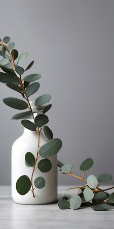 Eucalyptus branches in vase on table against grey backgroundの写真素材