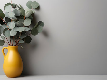 Vase with eucalyptus branches on grey wall backgroundの写真素材