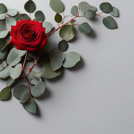 Flowers composition. Eucalyptus branches, red rose on gray background. Flat lay, top view, copy spaceの写真素材