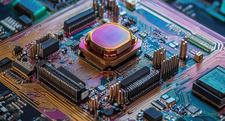 Close-up of electronic circuit board with processor and microchips