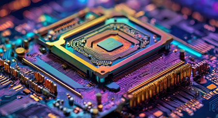 Close-up of electronic circuit board with processor. Technology background.