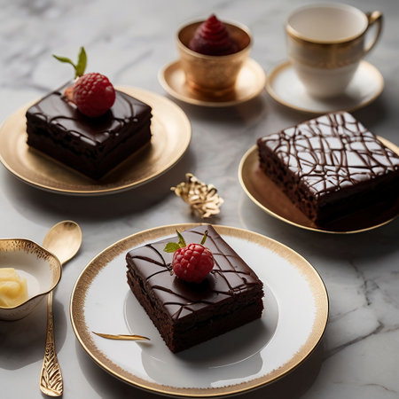 Chocolate cake with raspberries on white marble background. Selective focusの素材