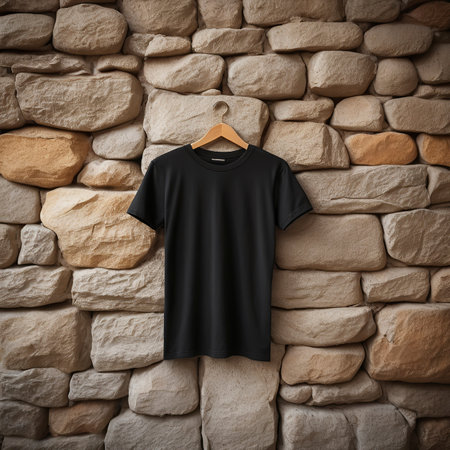 Black t-shirt on a hanger on a stone wall backgroundの写真素材
