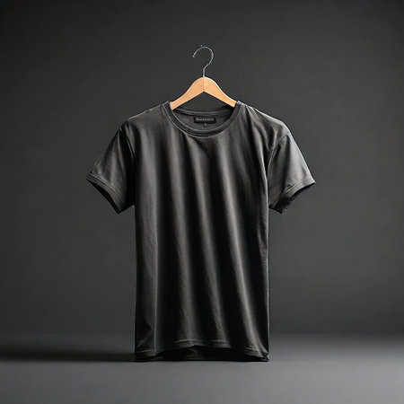 Black t-shirt mockup on wooden hanger on dark backgroundの写真素材