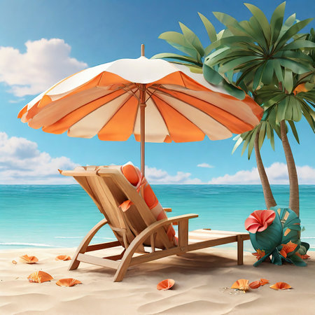Beach chair and umbrella on the sandy beach. 3d renderの写真素材