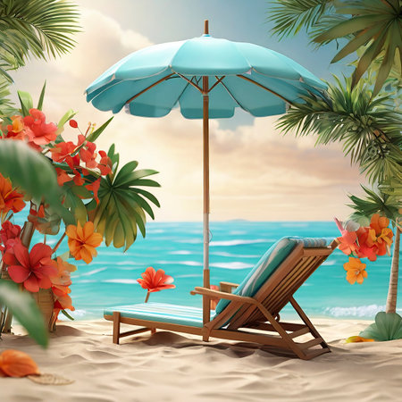 beach chair with umbrella and hibiscus flowers 3d renderの写真素材