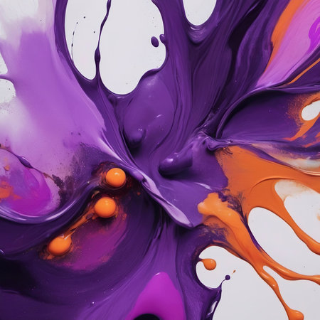 Abstract background of acrylic paint in purple and orange colors, close-up
