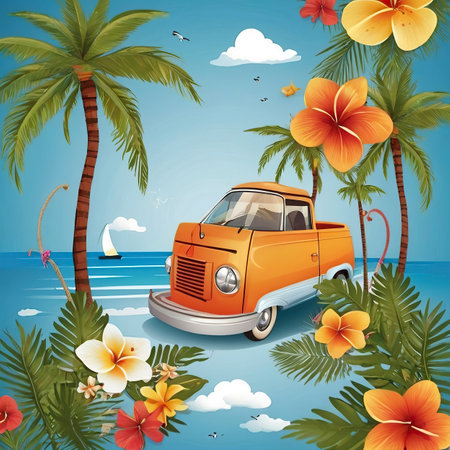 Vintage retro car on the beach with palm trees, flowers and birdsの写真素材