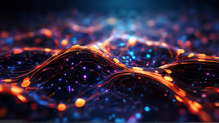 3d rendering of abstract glowing particles in empty space. Futuristic background with depth of field and bokeh effect.の素材