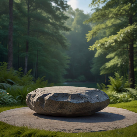 3d rendering of a stone podium in a beautiful green summer parkの素材