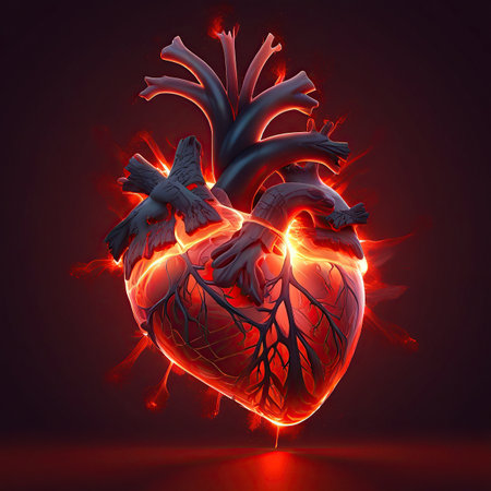 Human heart with angel wings on dark background. 3D illustration.