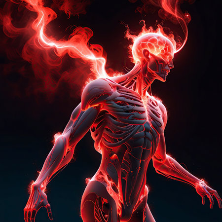 Female body anatomy with glowing bones and red smoke. 3D rendering