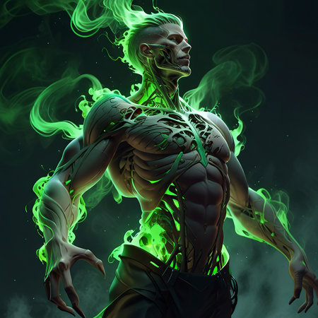 Digital illustration of a male figure with green smoke in a dark background