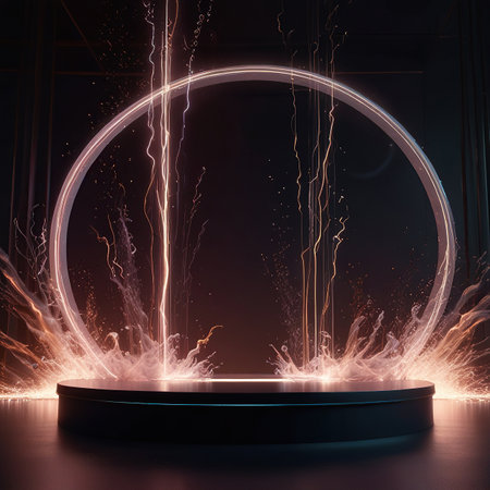 Abstract scene with round podium and lighting effect. 3D Renderingの写真素材