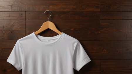 White t-shirt hanging on wooden hanger. 3d renderingの写真素材