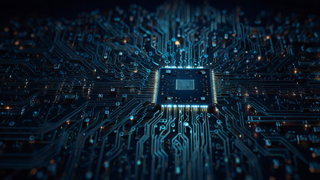 Circuit board close-up. Electronic computer hardware technology. 3D rendering