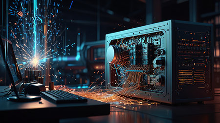Electronic circuit on computer monitor. 3d rendering toned image