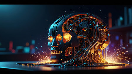 Robot head with glowing neon lights. 3d rendering toned image