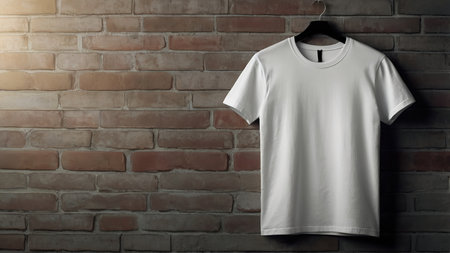 White t-shirt hanging on brick wall. Mockup for design