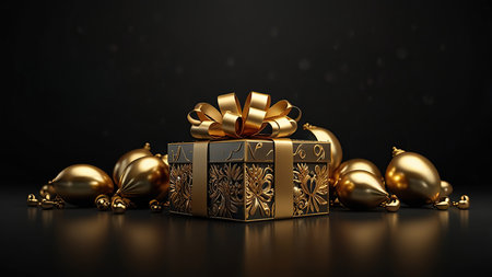 3D render of Christmas gift box with golden decoration on black background