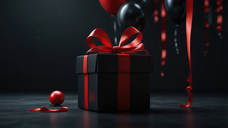 Black gift box with red ribbon and balloons on black background. 3d rendering